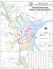Map of the City of Cape Girardeau showing Transportation Trust Fund One (TTF-1) project locations, with highlighted routes and areas indicating where transportation improvements are planned or completed across the city.